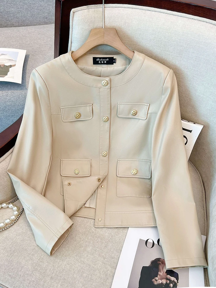 

Ning ort Women's Leather Jaet Korean Sle Design Sensation Fraance Wind eepskin Coat Commute Faion