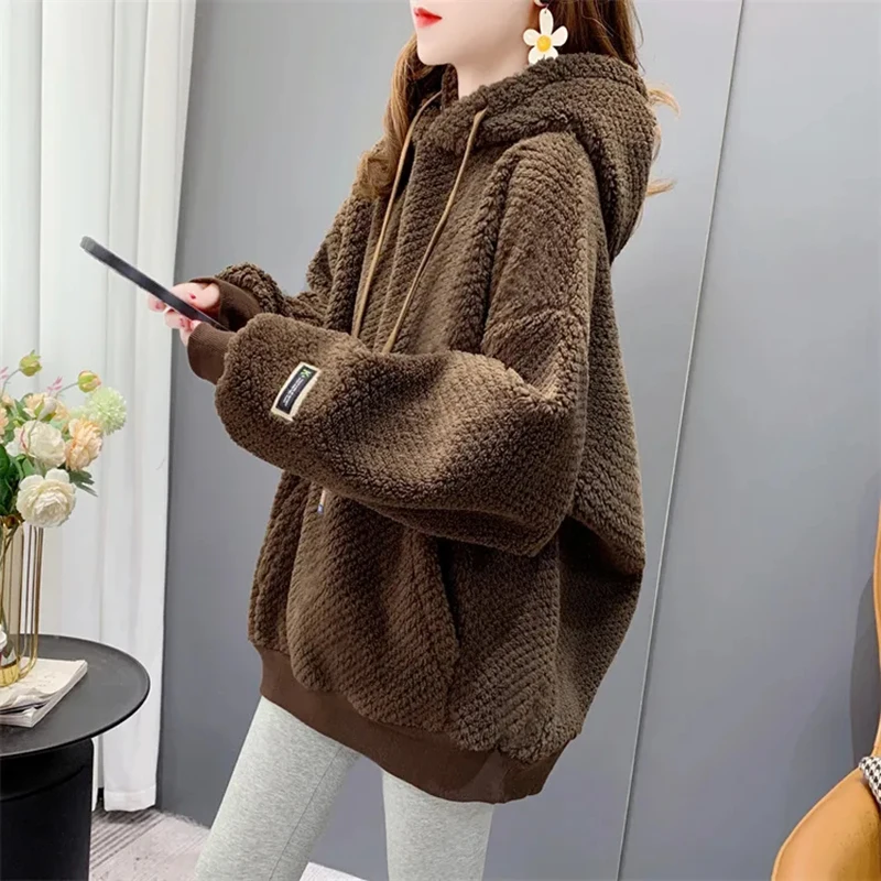 Add Velvet Padded Hoodies Sweater Coat Women's New Autumn Winter 2023 Loose Hooded Lambswool Sweatshirts Tops Pocket Female Y2k