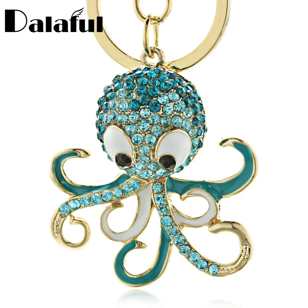 Dalaful Cute Octopus Keychain Keyring Crystal Ocean Animal Purse Handbag Bags Pendant Key Chain Ring Holder For Car Women K377