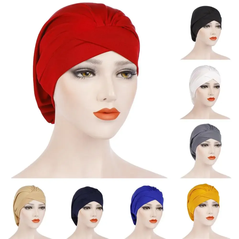 Muslim Women Hijab Chemo Cap Cross Strech Bonnet Sleep Night Hat Cancer Cover Beanies Hair Loss Headwrap Scarf Turbante Solid