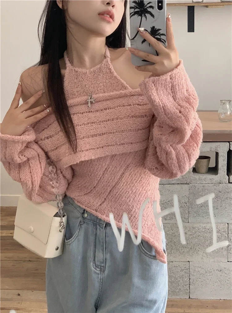 Sweet Sweater Women Fashion Knitted 2 Piece Set Women Irregular Sling Vest Off Shoulder Cropped Pullovers Outfits Korean Suit