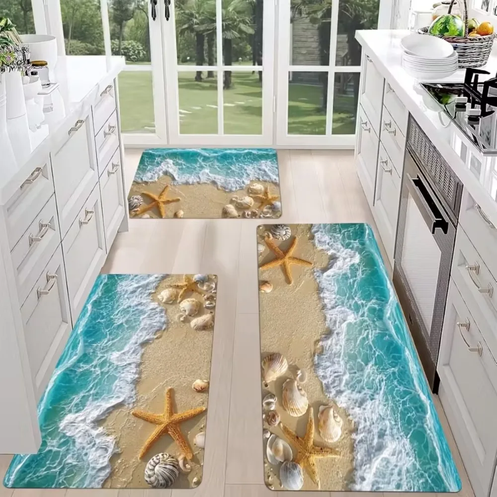 [Bodenmatte am Strand] Küchenmatte, Ocean Wave Starfish Mat, Strand- und Stranddekormatte, rutschfeste Fußmatte für den Eingangsbereich im Flur