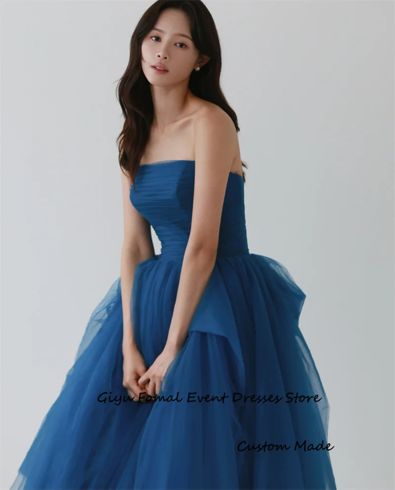 Giyu Elegant Blue Tulle Wedding Dresses Korea Photo shoot Bolero Princess Puff Bridal Gowns Sweep Train Formal Evening Dress