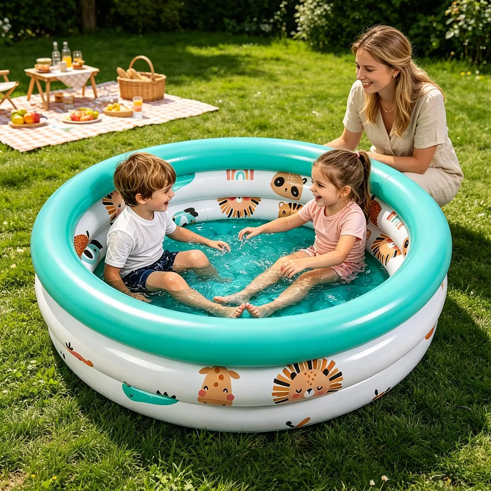 Inflatable Pool Cute Pattern Blow Up Bathing Tub Round Inflatable Outdoor Pool for Boys Girls Pet Sea Ball Fishing Toy Garden