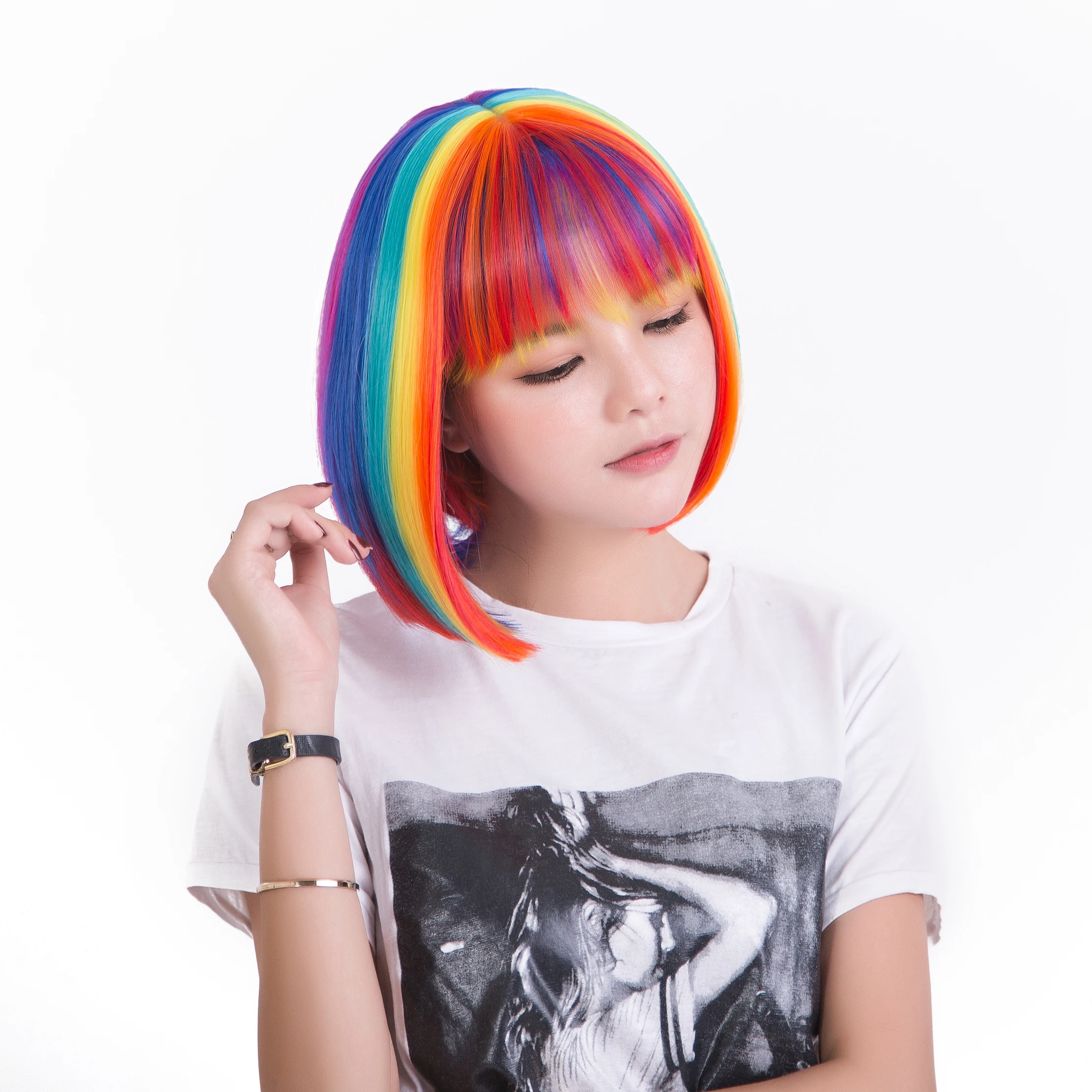 Anxin Brand Synthetic Fiber Wig: Rainbow Gradient Bangs Bob Short Hair Style, with Smooth and Shiny Hair Strands, Eye-Catching Color-Blocking Design; Made from High-Quality Synthetic Fiber Material, Comfortable to Wear and Easy to Manage; a Fashionable Item Suitable for Adult Men and Women for Cosplay Character Costumes, Party Eye-Catching Outfits, and Fun Themed Activities