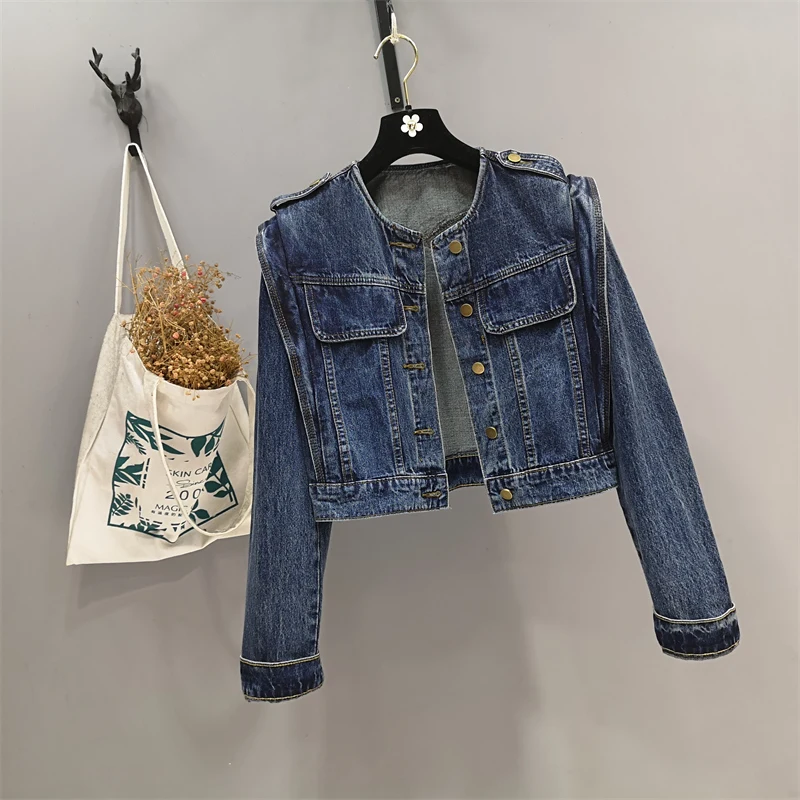 Women Moto Biker Short  Denim Jacket New Spring Autumn Casual Vintage Loose O-Neck Solid Long Sleeve Single Breasted Cowboy Coat