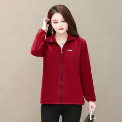 Plus Size Autumn Women Fleece Jackets Mid-aged Casual Stand Collar Warm Jacket Zipper Outerwear Mother Winter Coat Female Top