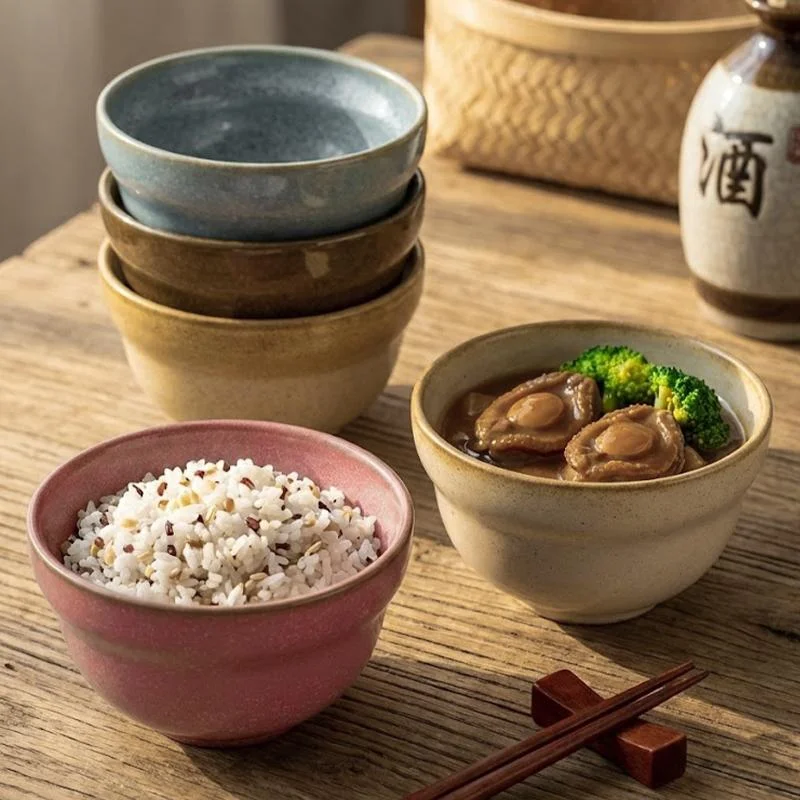 1Pc Vintage Kiln-Glazed Ceramic Rice Bowl, Japanese-Style Handmade Stoneware Bowl, Multi-Color Stackable Soup Noodle Bowl, Household Kitchen Tableware
