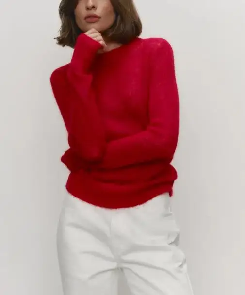 เสื้อสเวตเตอร์ไหมโมแฮร์คอกลมสำหรับผู้หญิง สวมใส่สบาย ถักแบบโปร่งแสงเล็กน้อย สไตล์ใหม่ ฤดูใบไม้ผลิ-ฤดูร้อน 2025