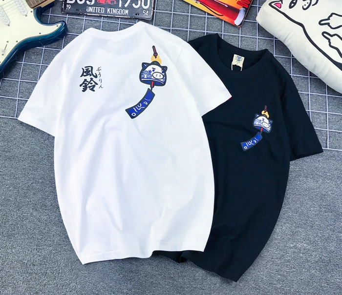 

Japan Fengtian Store Pig Wind Chimes Cartoon Simple Printing Teen Couple T-Shirt Men's and Women's Short Sleeves