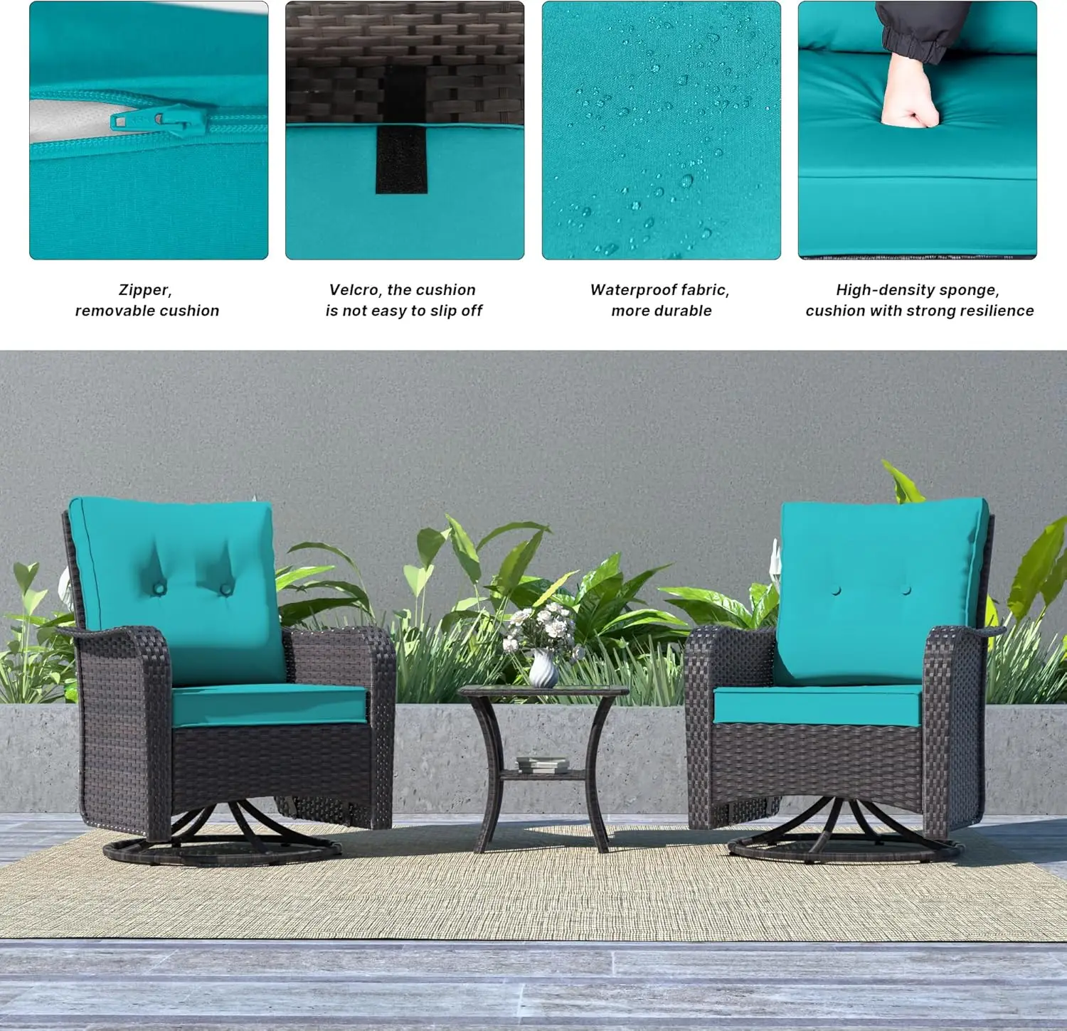 Outdoor Rattan Rocker Furniture Set, Gliders giratórios, Pátio de vime, Bistro Set, Rattan Rochair com vidro temperado lateral, 3 pcs