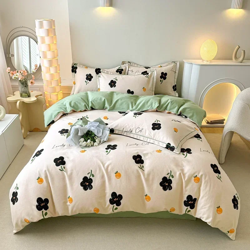 

Japanesae Style Kawaii Floral 4 PCS Pure Cotton Flower Duvet Cover Sets for Kids/Adults 2 Pillowcases Reversible Queen Size