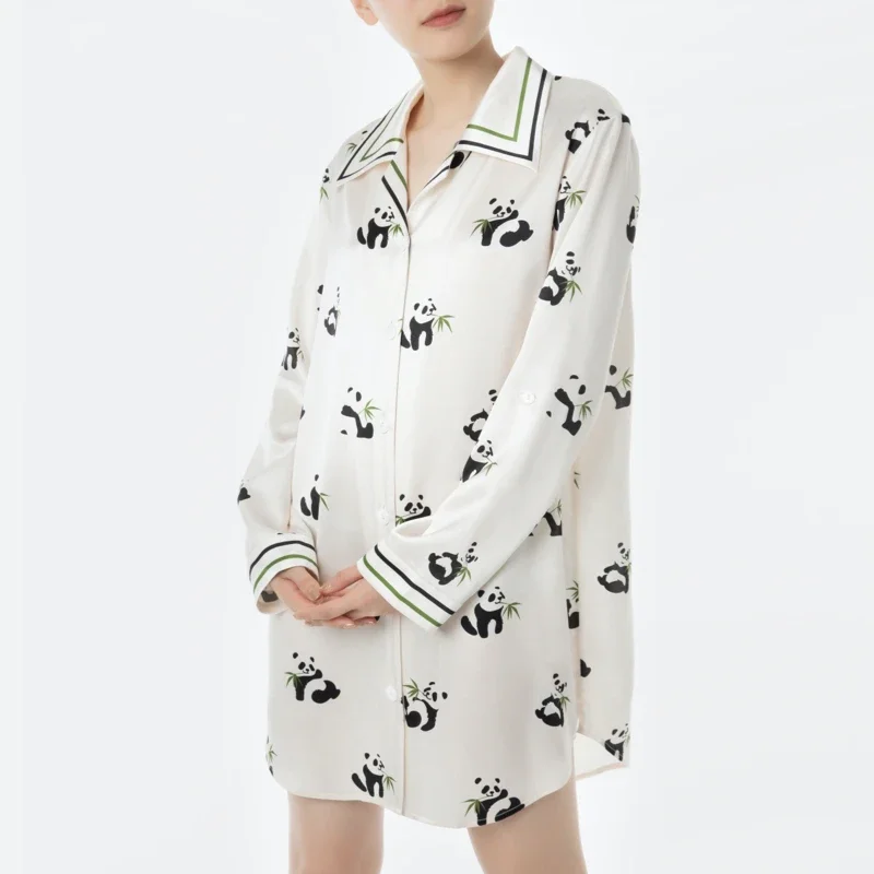 100% Mulberry Silk T Shirt Nightgown Panda Print 22MM Silk Girls Nightdress Long Sleeve Blouse Sleepwear Chemise Birthday Gift