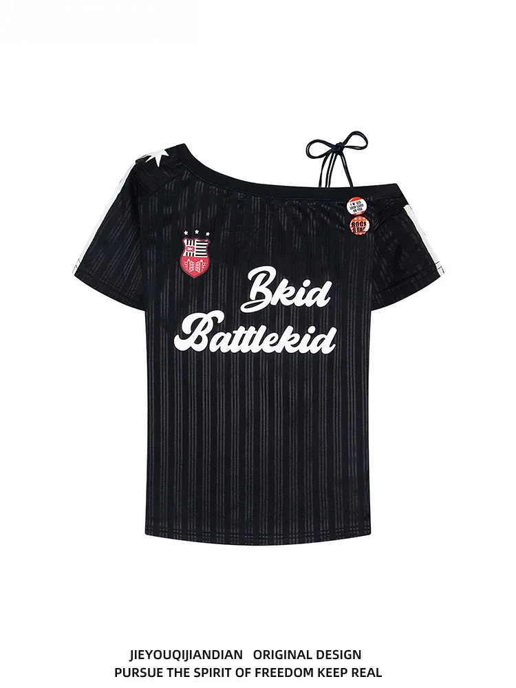 Retro American Bae Bedrucktes asymmetrisches Oulder-T-Shirt Damen Sommer Spicy Girl Sle Casual Top Streetwear Loose Fit...