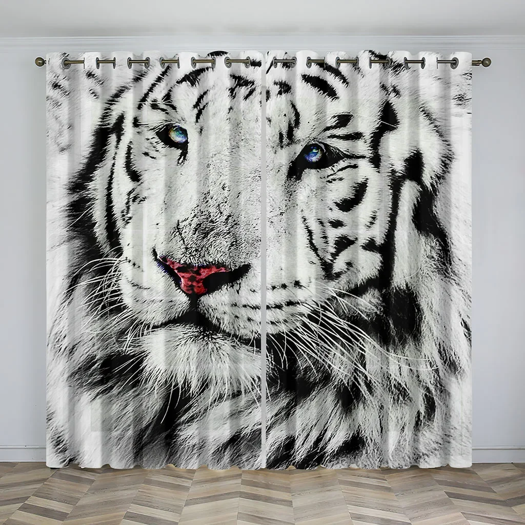 Digital Printing Wild Animal White Lion Curtains, Semi-Shading, Sun-proof, Polyester, Living Room and Bedroom, 2Pcs