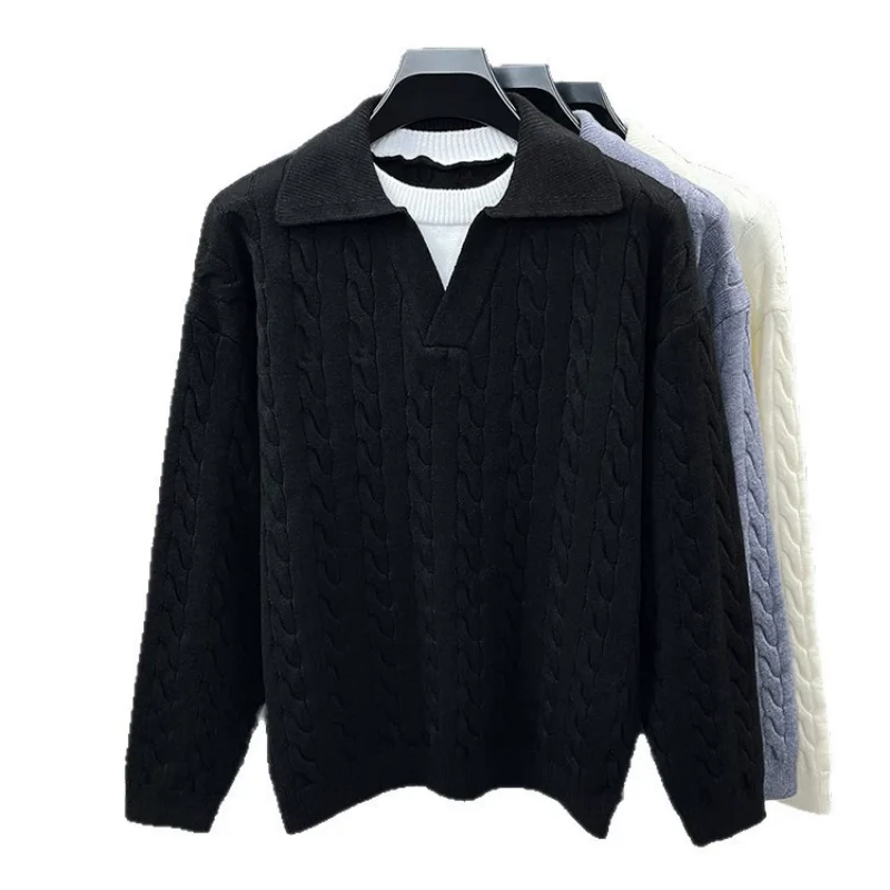 Retro Fake Two-piece Lapel Sweater Men's Autumn Winter Loose Warm Twist Knitted Casual Sweaters Pullover Knitwear Tops XXXL Grey