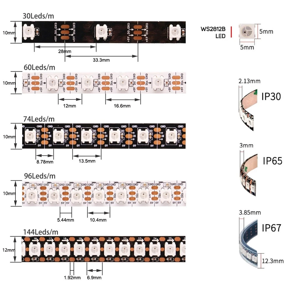 DC5V WS2812B Led Strip 30/60/96/144 leds/m WS2812 Black/White PCB IP30/65/67 Smart RGB Led Light 1-5M