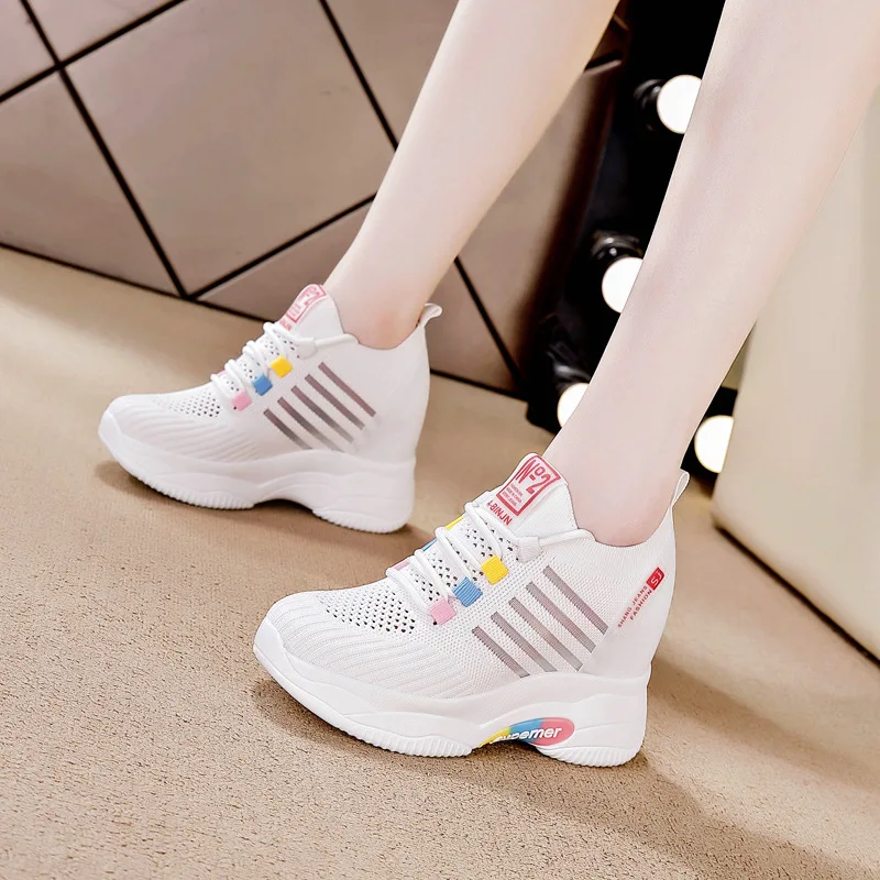 Classics 8CM Genuine Leather Sneakers Platform Shoes Wedge Hidden Heel Pumps Fashion Ventilate Sneakers Women Summer Shoes