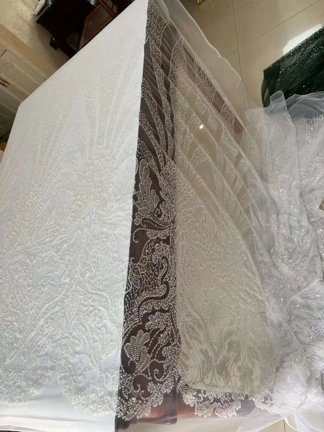 New Design High-End Handmade Beaded Sequins Lace Fabric White Color Embroidery French  Material for Wedding Dress