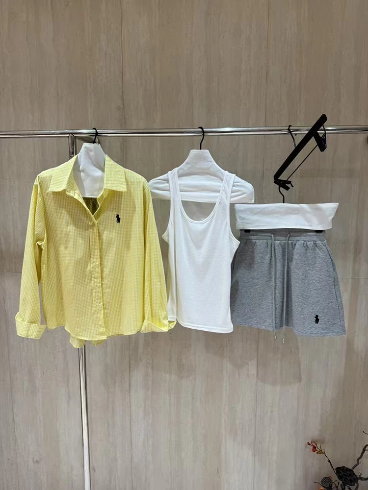 

2025 Women Spring/Summer Korean Style Loose Checkered Yellow Sunscreen Shirt Tank Top Elastic Waist Half Skirt 3-Piece Set