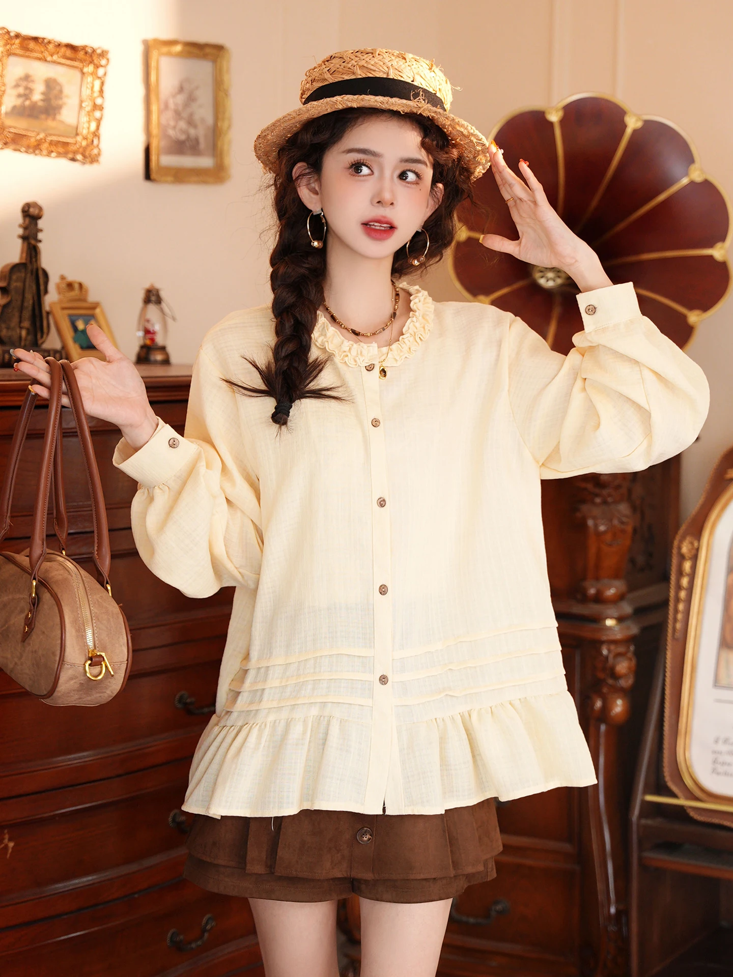 

Jiacheli Mibing Morning Light Loose Lantern Sleeve Long Sleeve Women's Shirt Vintage Style Polyester Rayon Blend Age-Defying