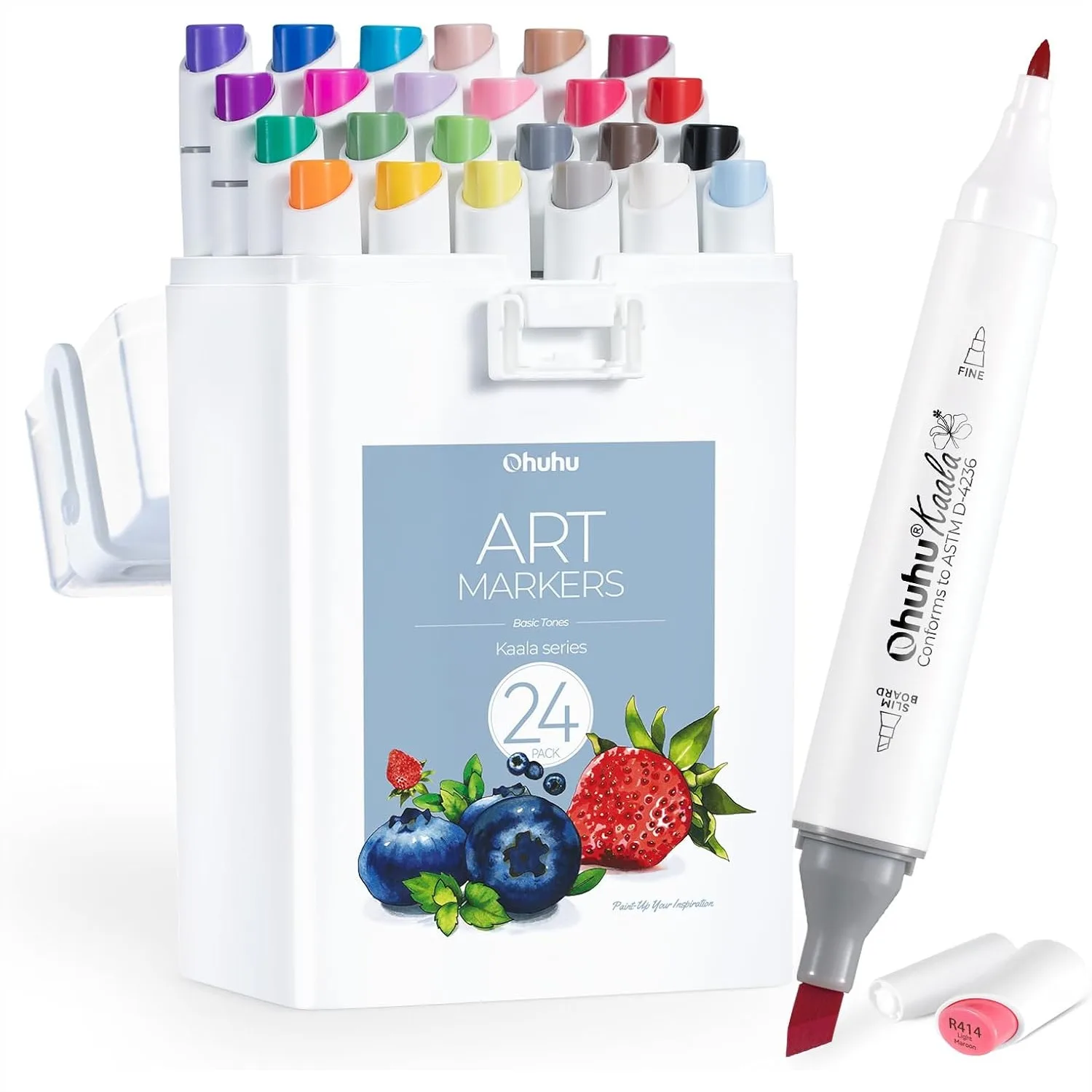 Alcohol Markers Set with Dual Tips for Adult Coloring, 24 Basic Colors + Blender, Refillable Ink Art Marker Pen