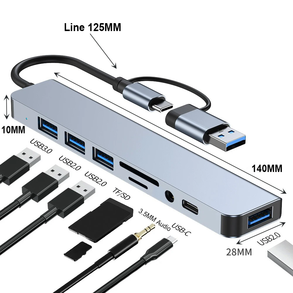 

USB-концентратор 8 в 2, с устройством чтения карт-сплиттера, портом USB C, USB 3.0/2,0, устройство чтения карт-сплиттера SD/TF, док-станция