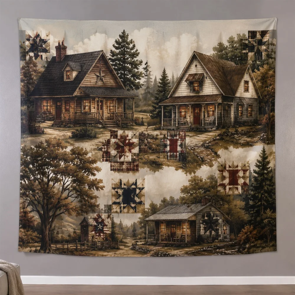 VIKAMA Country Cottage Porch Clustered Groups Tapestry Wall Hanging, American Wall Decor Tapestries for Living Room Bedroom