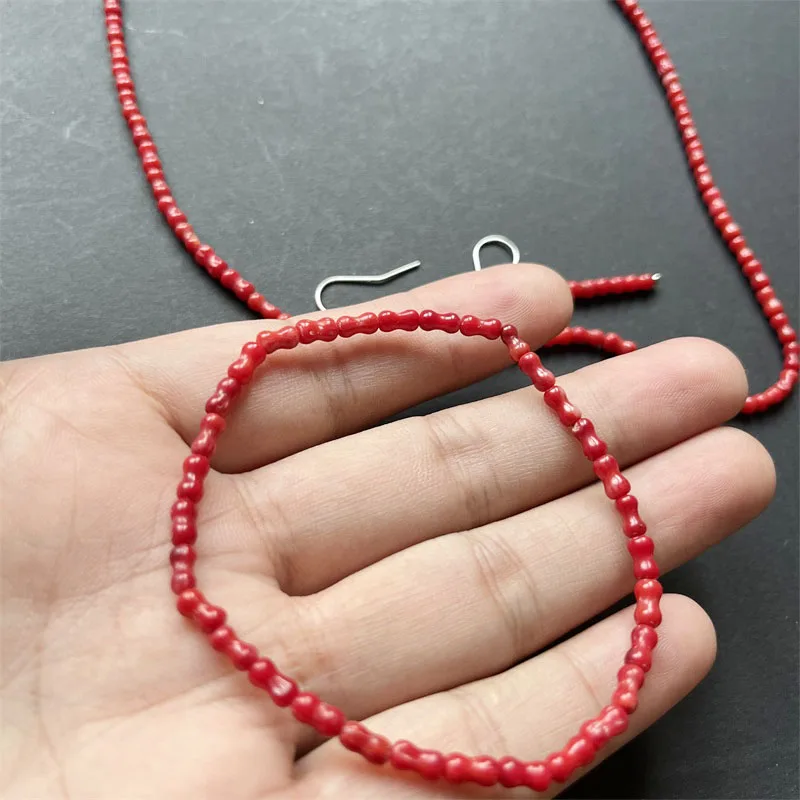 3*6MM Bamboo Bone Red Coral Natural Stone Jewelry Set Bead Necklace Earrings Bracelet Chain Choker Trendy Simple Design Party