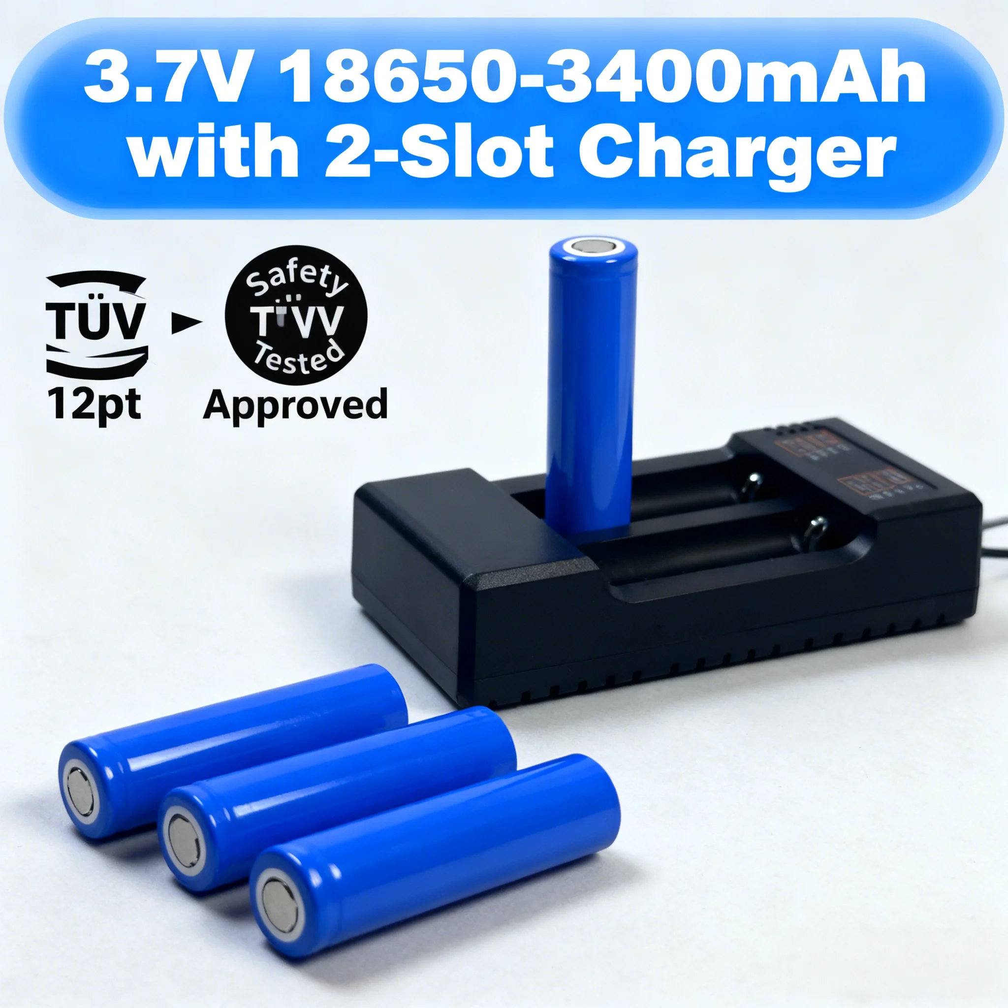 18650 Flat Top 3400mAh 2er-Pack mit Dual-Ladegerät, Ungeschützte Hochleistungsbatterie für DIY Powerbank Vape Taschenlampe