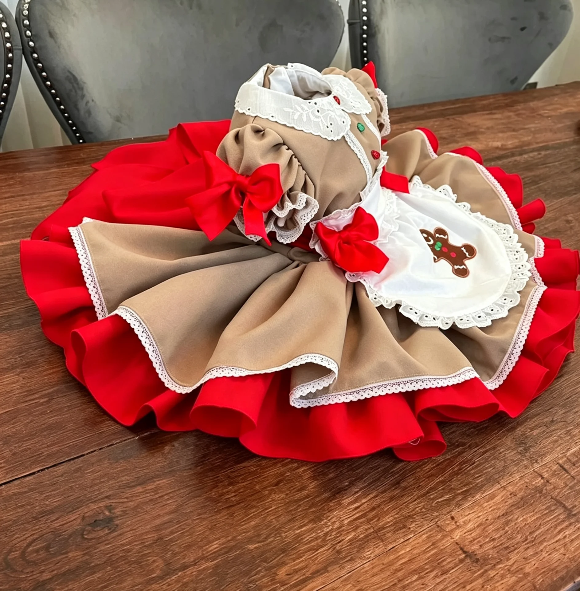 Autumn Baby Girl Khaki Christmas Gingerbread Man Embroidery Lolita Maid Dress for Christmas New Year Holiday Photography C388