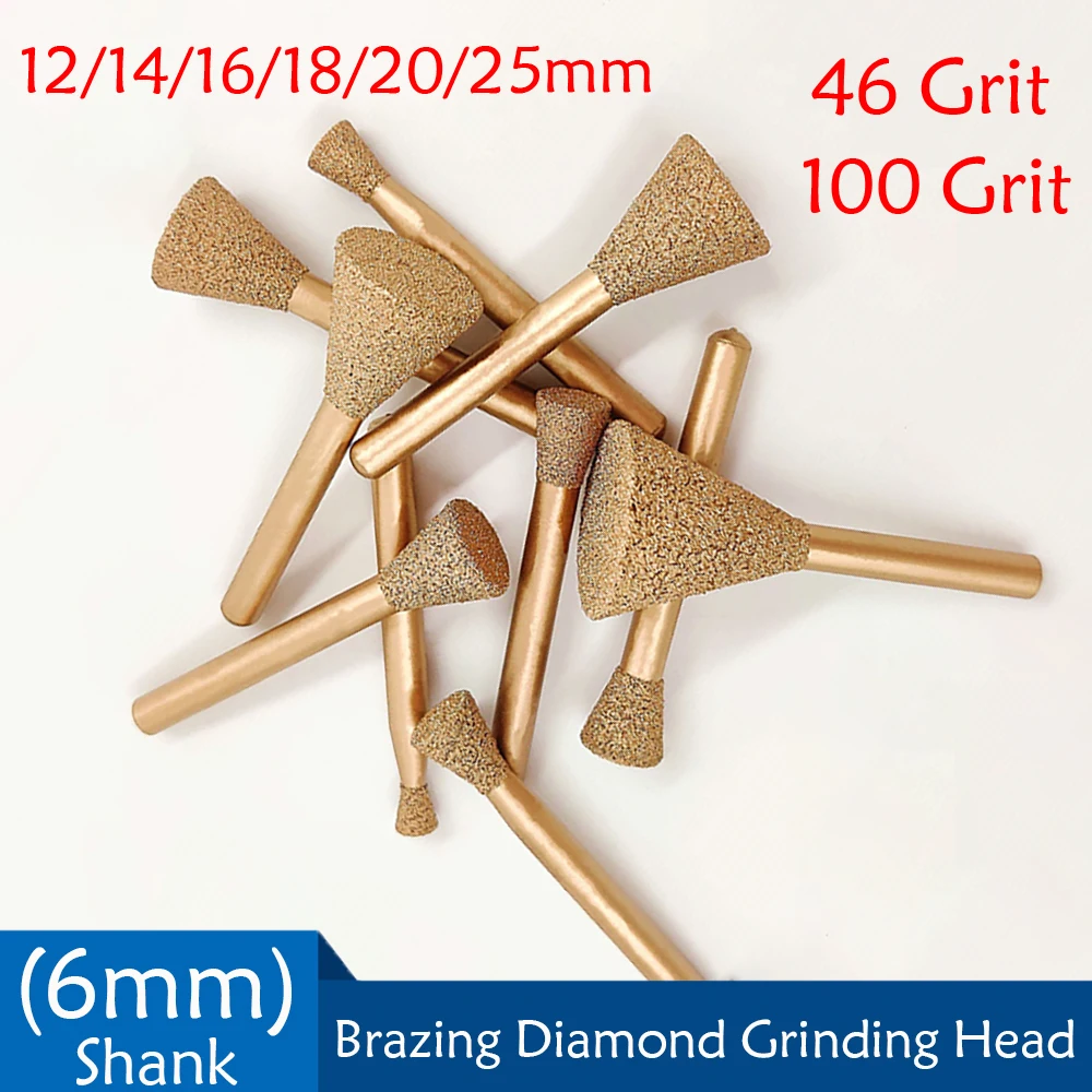 

12-25mm Inverted Trapezoid Brazing Diamond Grinding Head 6mm Shank 46 100 Grit For Jade Peeling Stone Electric Carving Tools