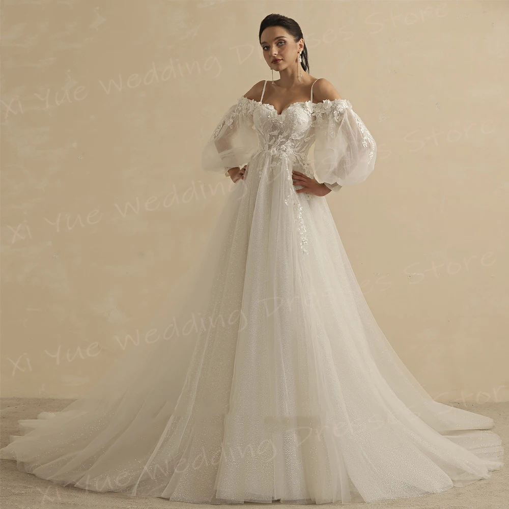 

Exquisite Sweetheart A Line Women's Wedding Dresses Charming Lace Appliques Bride Gowns Long Sleeve Backless Vestido De Noivas