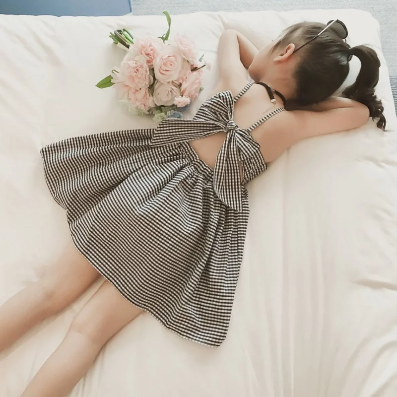 

Girls' Summer Strap Dress New Plaid Stylish Mid-Child Internet Celebrity Thin Princess Dress