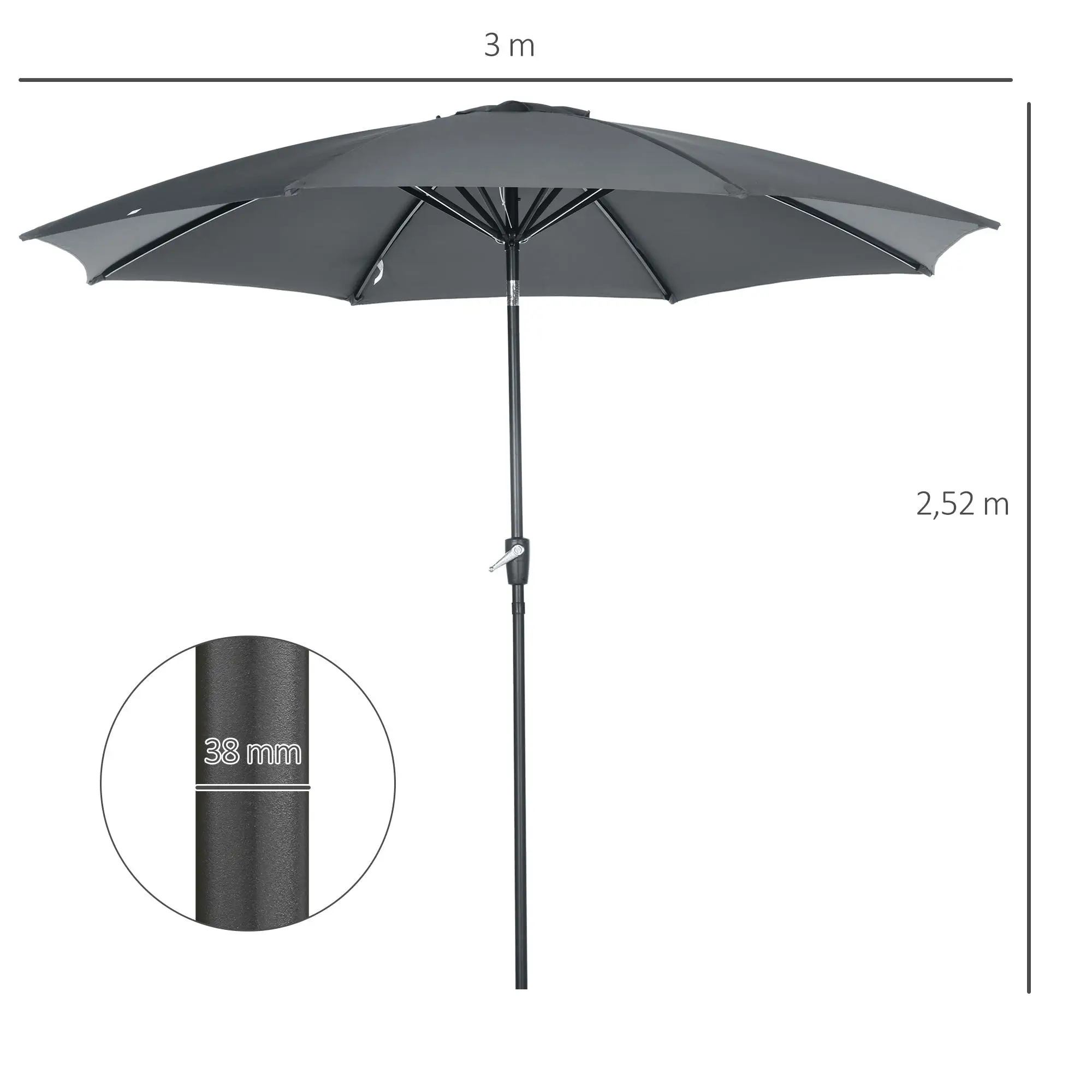 Toldo de jardín gris de 300x252 cm con manivela y mecanismo de inclinación, 100% poliéster para patio.