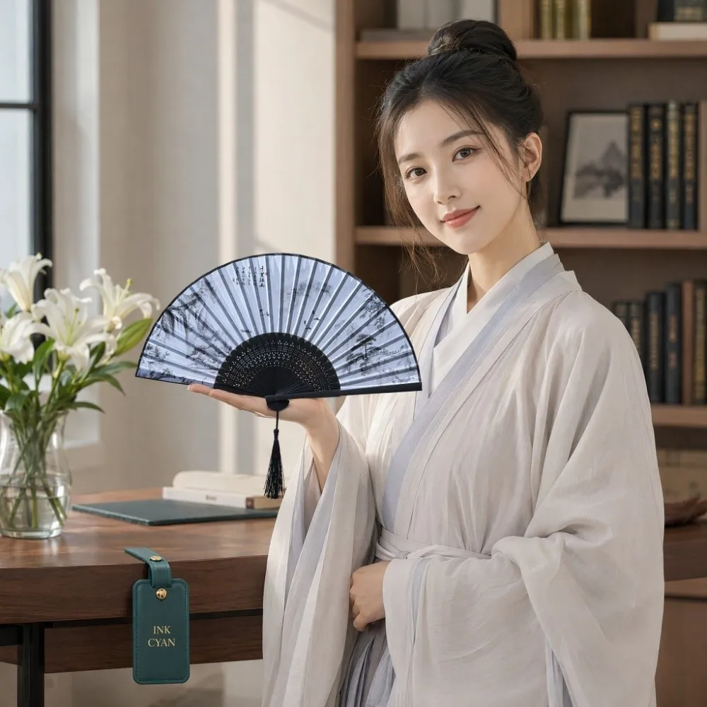 Silk Cloth Folding Flower Hand Fan Bamboo Frame with Tassel Retro Handheld Fan Shell-Shaped Portable Dance Fan Women's Use