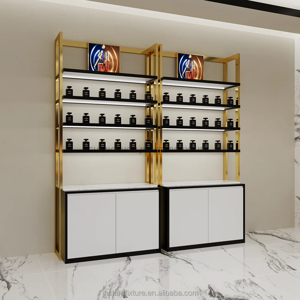 ชั้นวางโชว์สินค้าแบบกำหนดเอง 3 ชั้น ชั้นวางน้ำหอม ชั้นวางของตกแต่ง ชั้นวางจัดระเบียบของใช้ในร้าน ตกแต่งภายในร้านน้ำหอมแบบกำหนดเอง