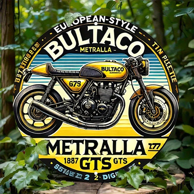 1 Stück Bultaco Metralla Rundes Aluminiumschild – Vintage-Motorrad-Wandkunst im europäischen Stil, rustikales gelbes und schwarzes Metalldekor für Zuhause