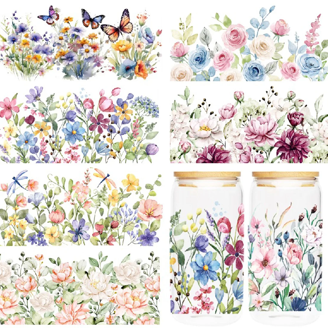 8 Sheet Flower UV DTF Transfer Stickers UVDTF Cup Wraps for 16 oz Floral Waterproof Transfers for Glass