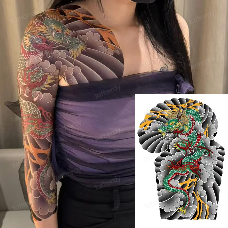 Tatuajes Temporales Grandes de 52*39cm, Reposabrazos, Manga Completa, Hombro, Tatuaje Falso para Adultos, Mujeres y Hombres, Diseño de Totem, Dragón, Lobo, Flores