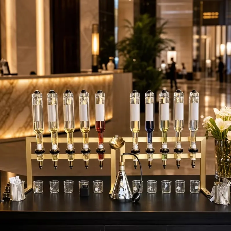 Custom Luxury Premium 6 Bottles Transparent Glass & Metal Manual Perfume Bar Dispenser With Scent Pump For Oil