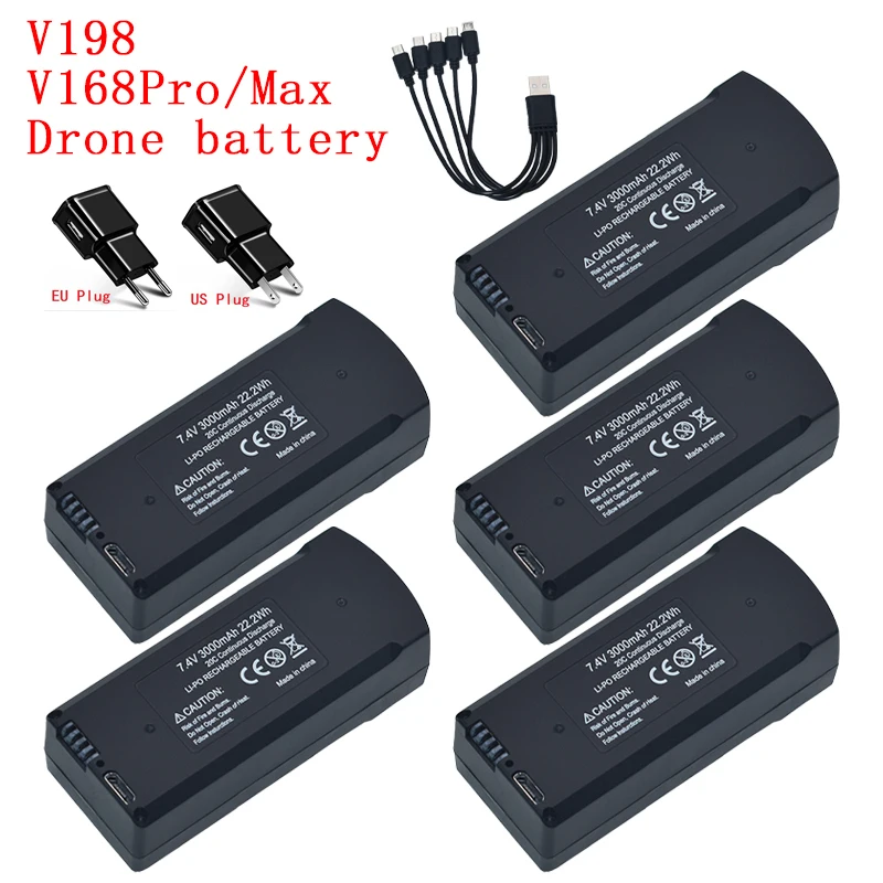 5 قطعة بطارية ليبو أصلية V198 PRO MAX 7.4 فولت 3000 مللي أمبير في الساعة مناسبة لطائرة V198 GPS بدون طيار كوادكوبتر مع شاحن USB/5To1