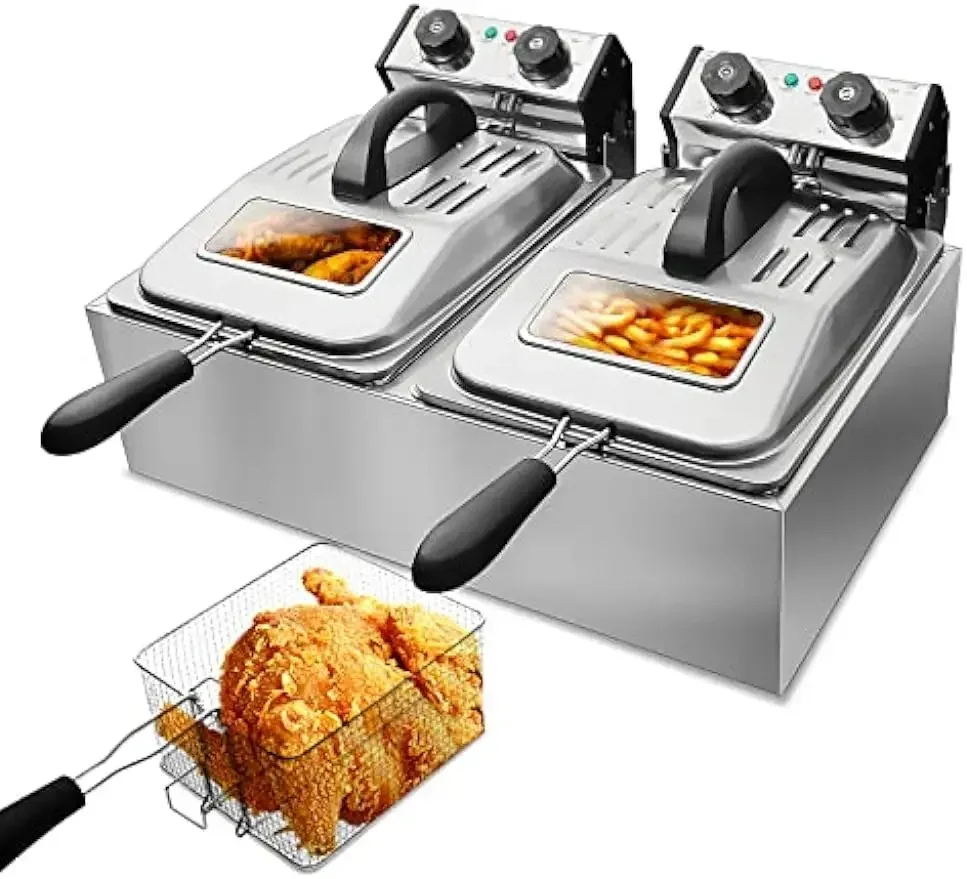 WantJoin-Commercial  Deep Fryer with Glass Window, 3200W, 12L, 12QT, Stainless Steel Dual Tank,    2 Basket