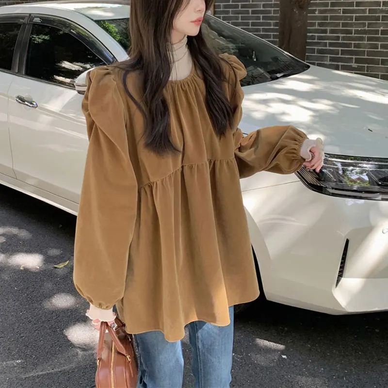 Franse stijl vintage blouse dameskleding mode pofmouwen herfst winter effen kleur basic Aura plooien los shirt met O-hals