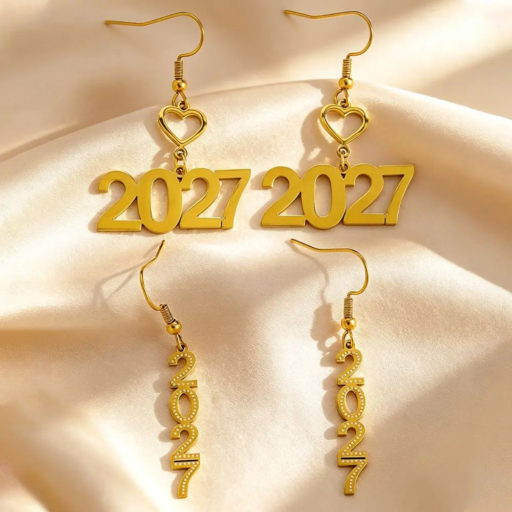 Rhinestone 2027 Digital Earrings Number Stainless Steel Happy New Year Earrings Love Hollowed-out Gold Stud Earrings