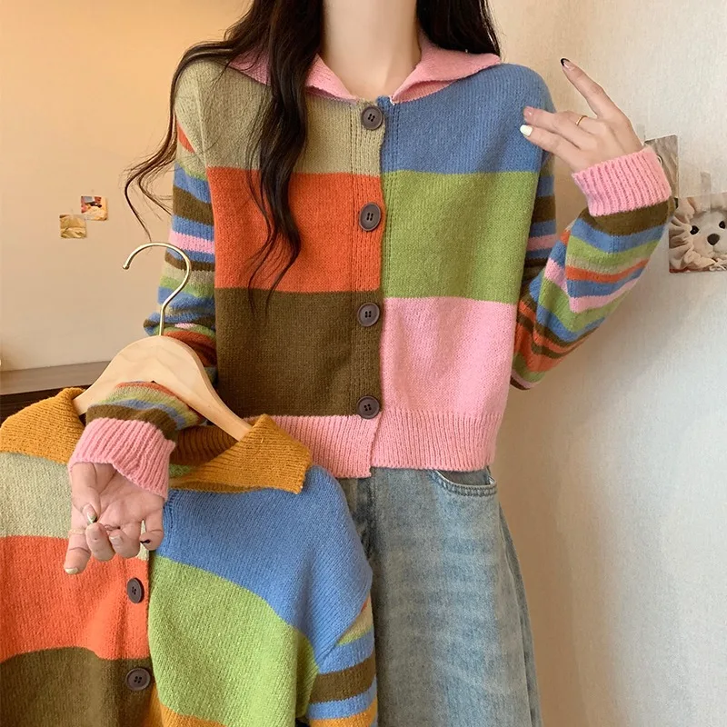 

Oversized Women Knitted Shirts Spring Autumn Turn-down Collar Cardigans Coats Contrast Color All-matched Long Sleeve Sweater