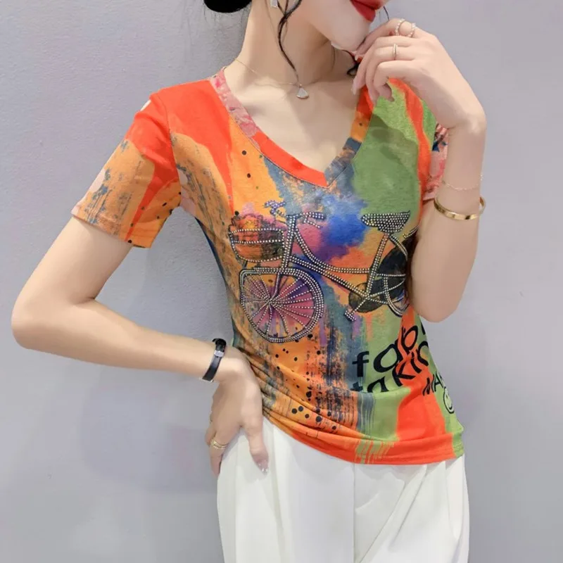 #5120 Printed T Shirt Women Vintage Sexy V-neck Skinny Short Sleeve T Shirt Diamonds Elastic Mesh Women T-shirt Thin Summer 2024