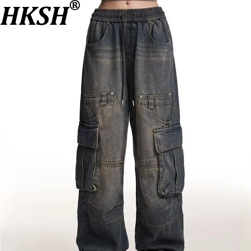 

HKSH Spring Autumn Men's Tide Safari Style Washed Distressed Retro Jeans Hip Hop Elastic Waist Ins Wide Leg Denim Pants HK12107
