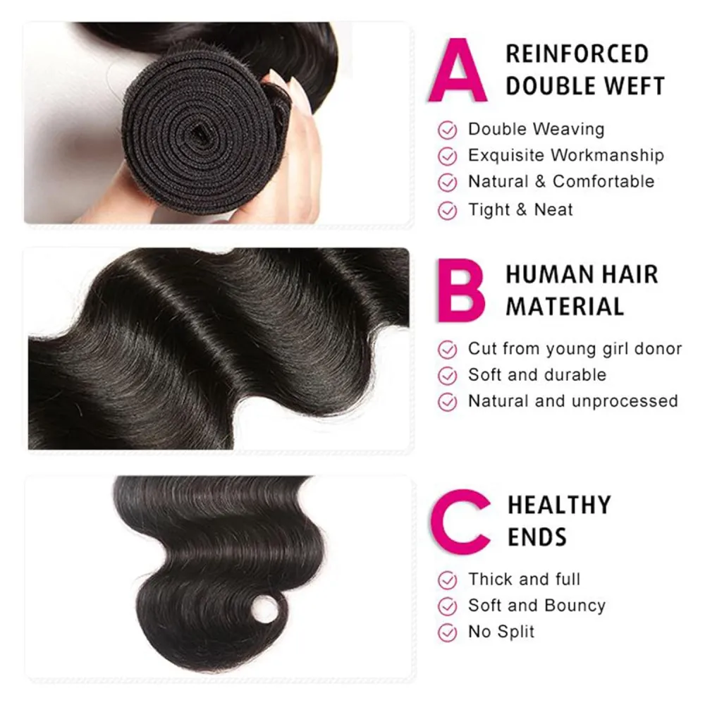 Mèches Body Wave brésiliennes naturelles pour femmes, extensions de cheveux humains, noir naturel 1B, 13x4, 100%