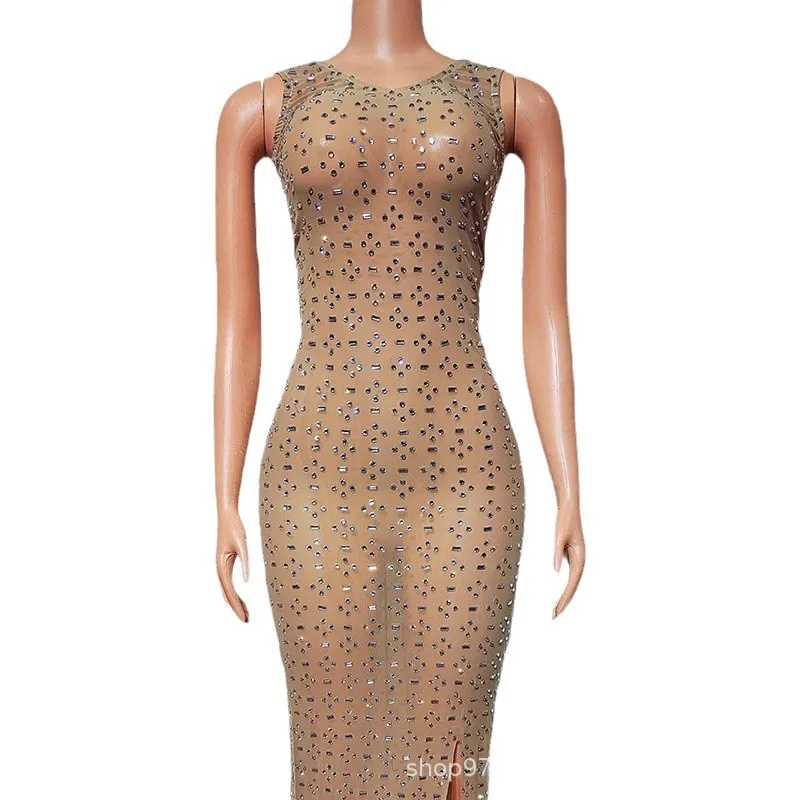 Moda carne finta lusso diamante brillante temperamento abito modello adulto passerella moda incontro annuale abito da sera abiti da festa